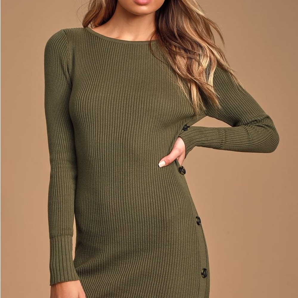 Olive Green Ribbed Sweater Dress